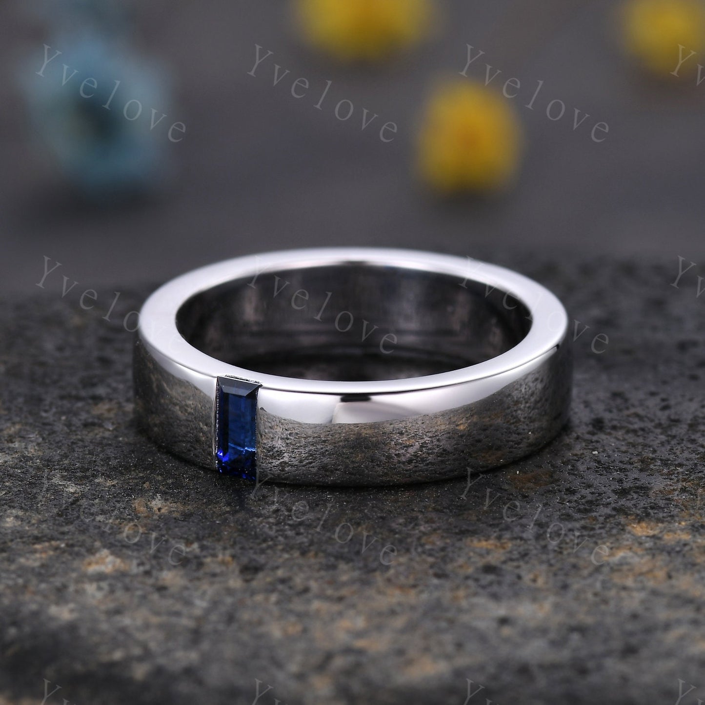 Mens Blue Sapphire Wedding Band Baguette Cut Sapphire Band 5mm Solid Gold Ring Mens Solitaire Stacking Matching Band Retro Vintage Ring Gift