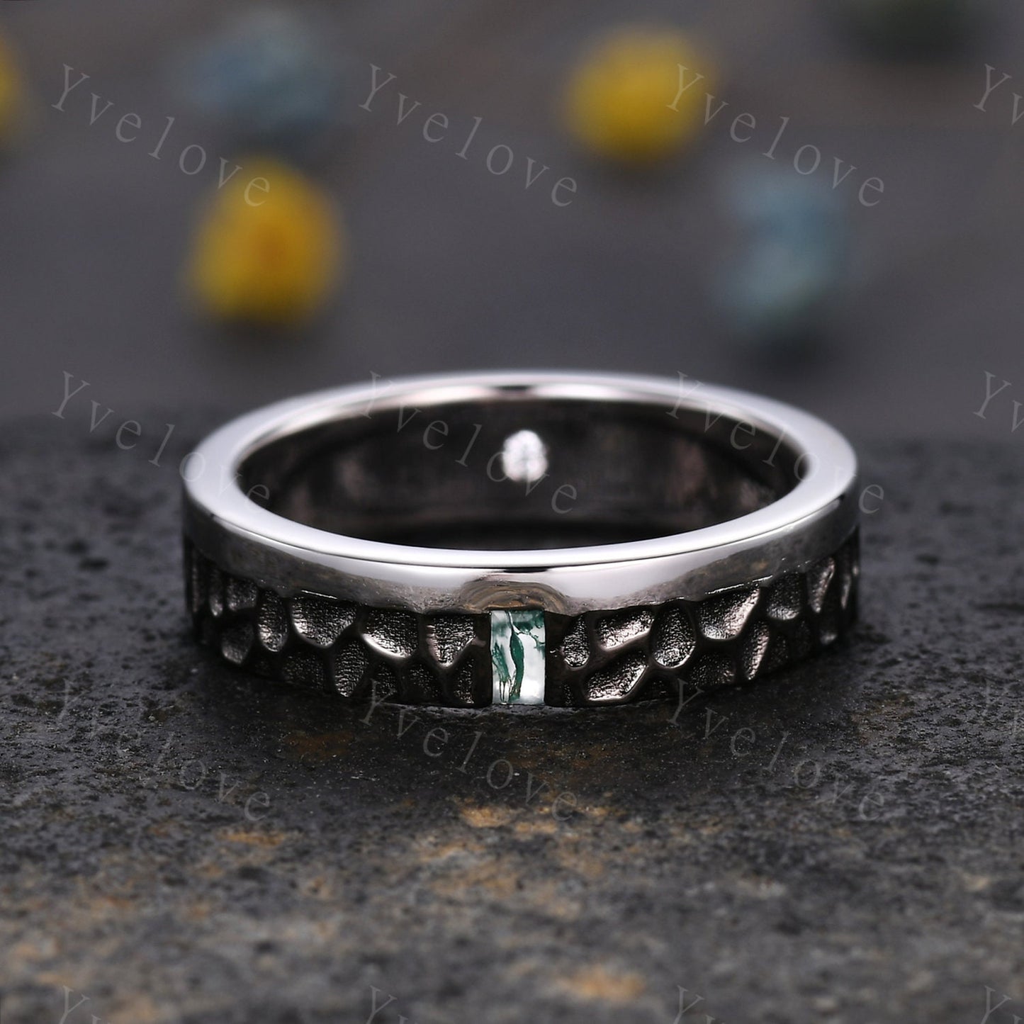 Mens Moss agate Wedding Band Baguette Cut Green Agate Diamond Band Solid Gold Mens Hammered Stacking Matching Band Retro Vintage Ring Gift