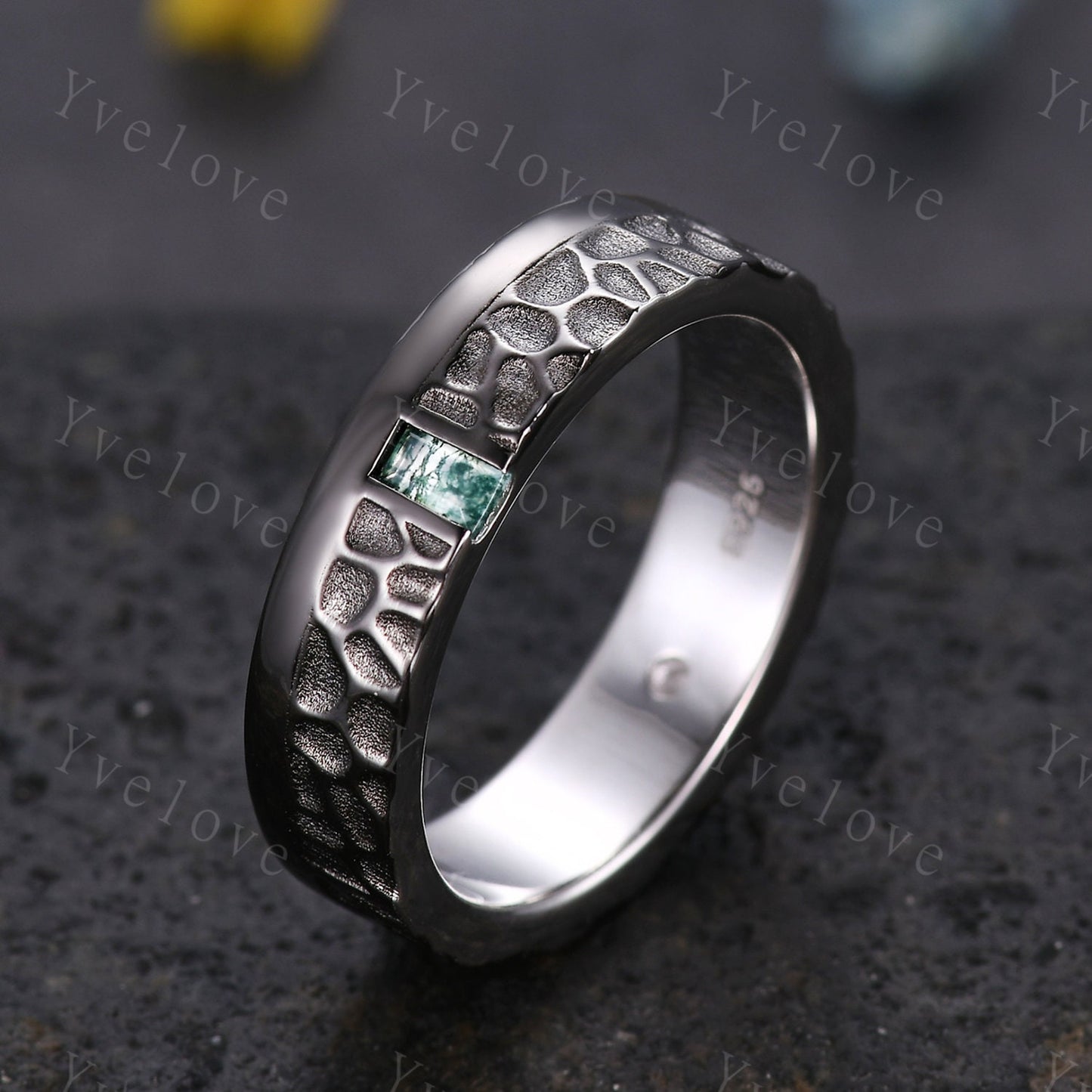 Mens Moss agate Wedding Band Baguette Cut Green Agate Diamond Band Solid Gold Mens Hammered Stacking Matching Band Retro Vintage Ring Gift