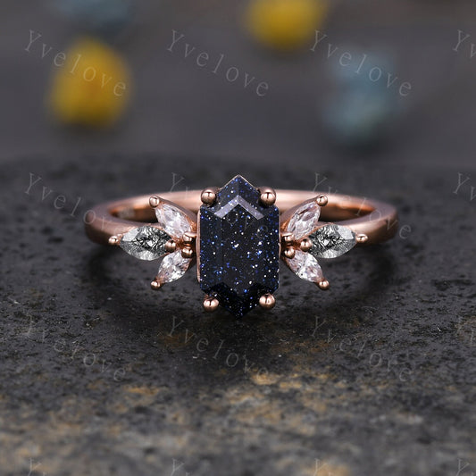 Vintage Hexagon cut Sandstone Engagement Ring,Unique Bridal Ring,Marquise Black Rutilated Quartz,14k Rose Gold Black Gem Galaxy Ring Gift