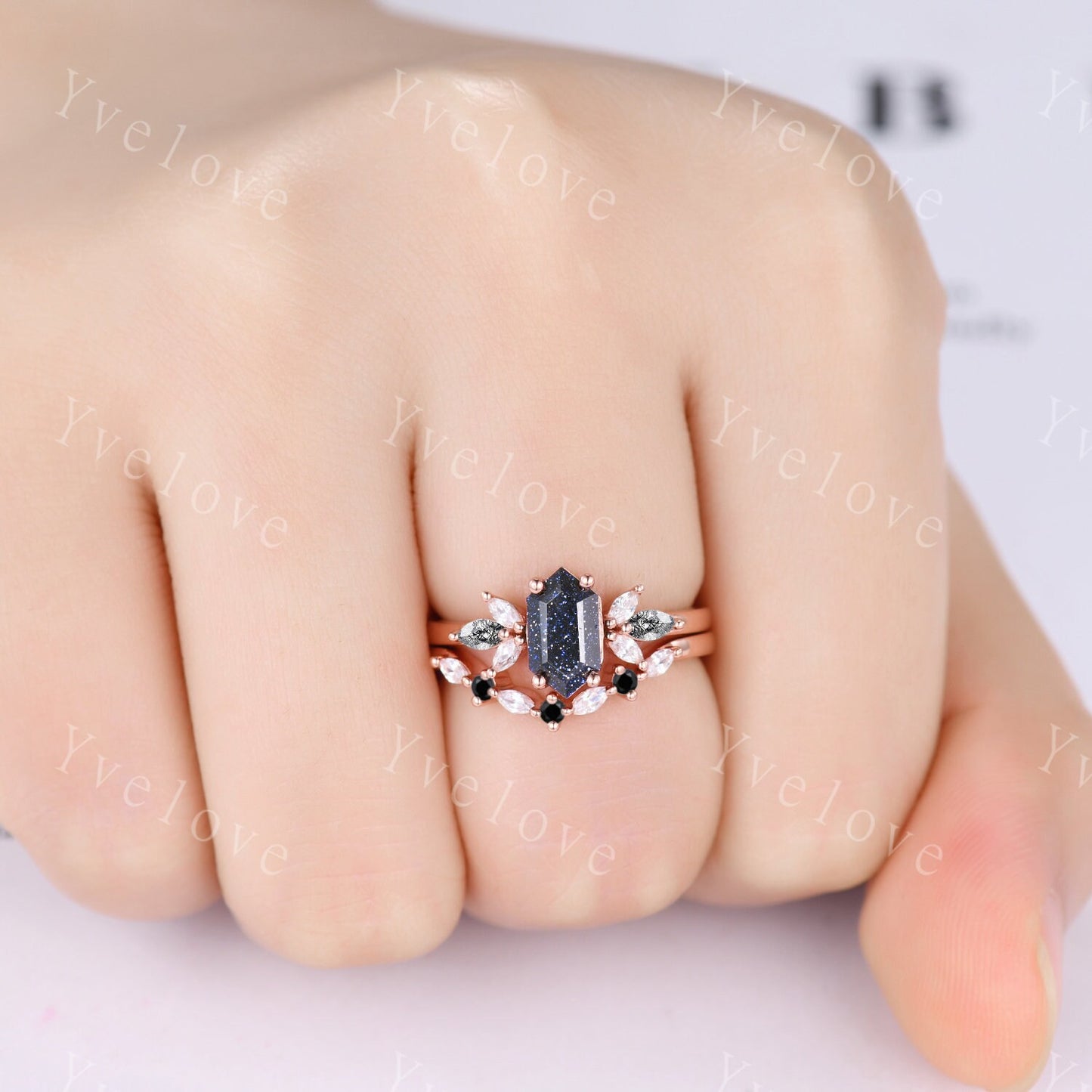 Vintage Hexagon cut Sandstone Engagement Ring,Unique Bridal Ring,Marquise Black Rutilated Quartz,14k Rose Gold Black Gem Galaxy Ring Gift