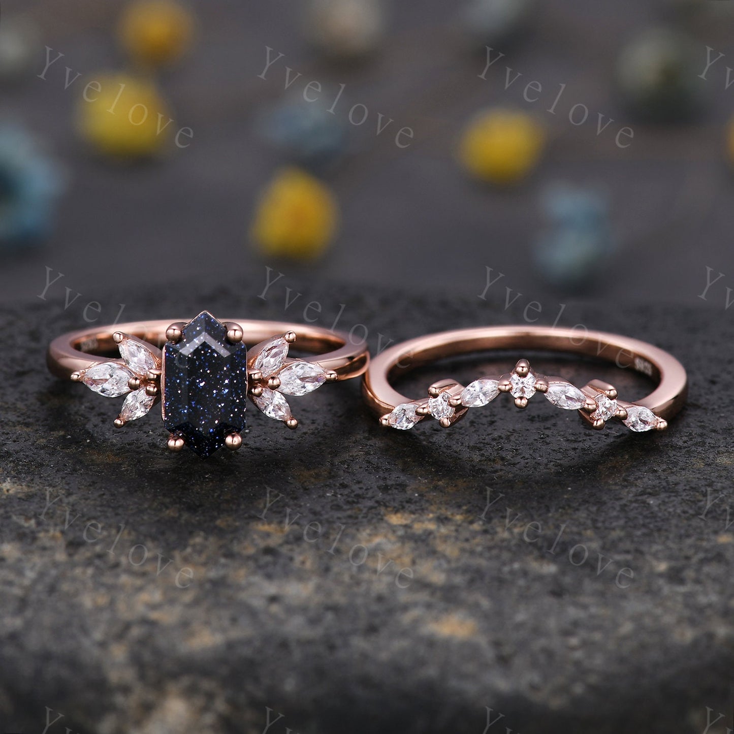 Hexagon Blue Sandstone Engagement Ring Set Women Stacking Matching Band Diamond Moissanite Ring Unique Vintage Floral Design Promise Gift