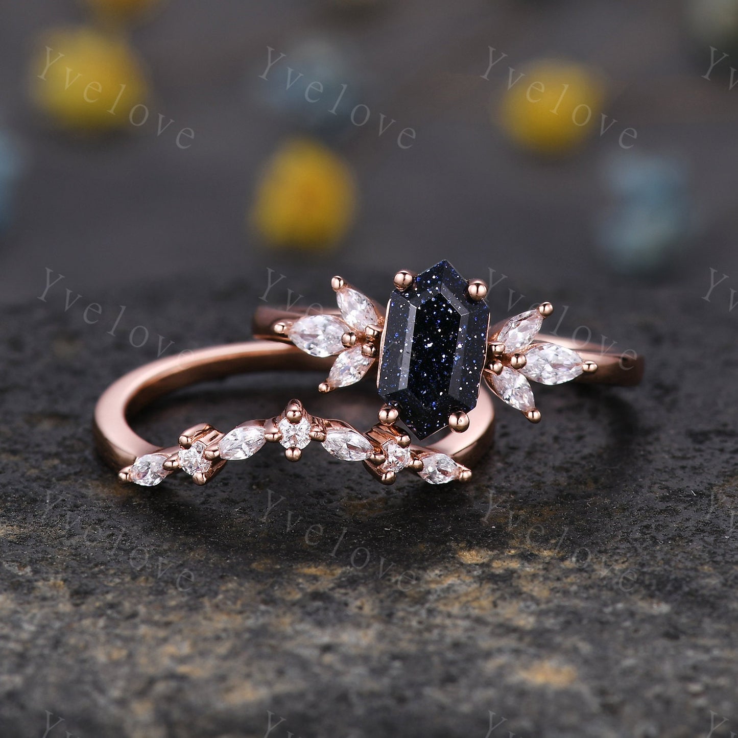 Hexagon Blue Sandstone Engagement Ring Set Women Stacking Matching Band Diamond Moissanite Ring Unique Vintage Floral Design Promise Gift