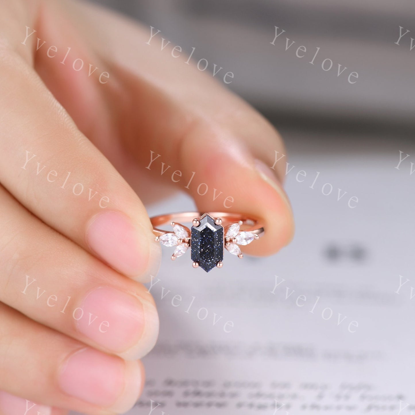 Hexagon Blue Sandstone Engagement Ring Women Stacking Matching Band Diamond Moissanite Ring Unique Vintage Floral Design Promise Gift Silver