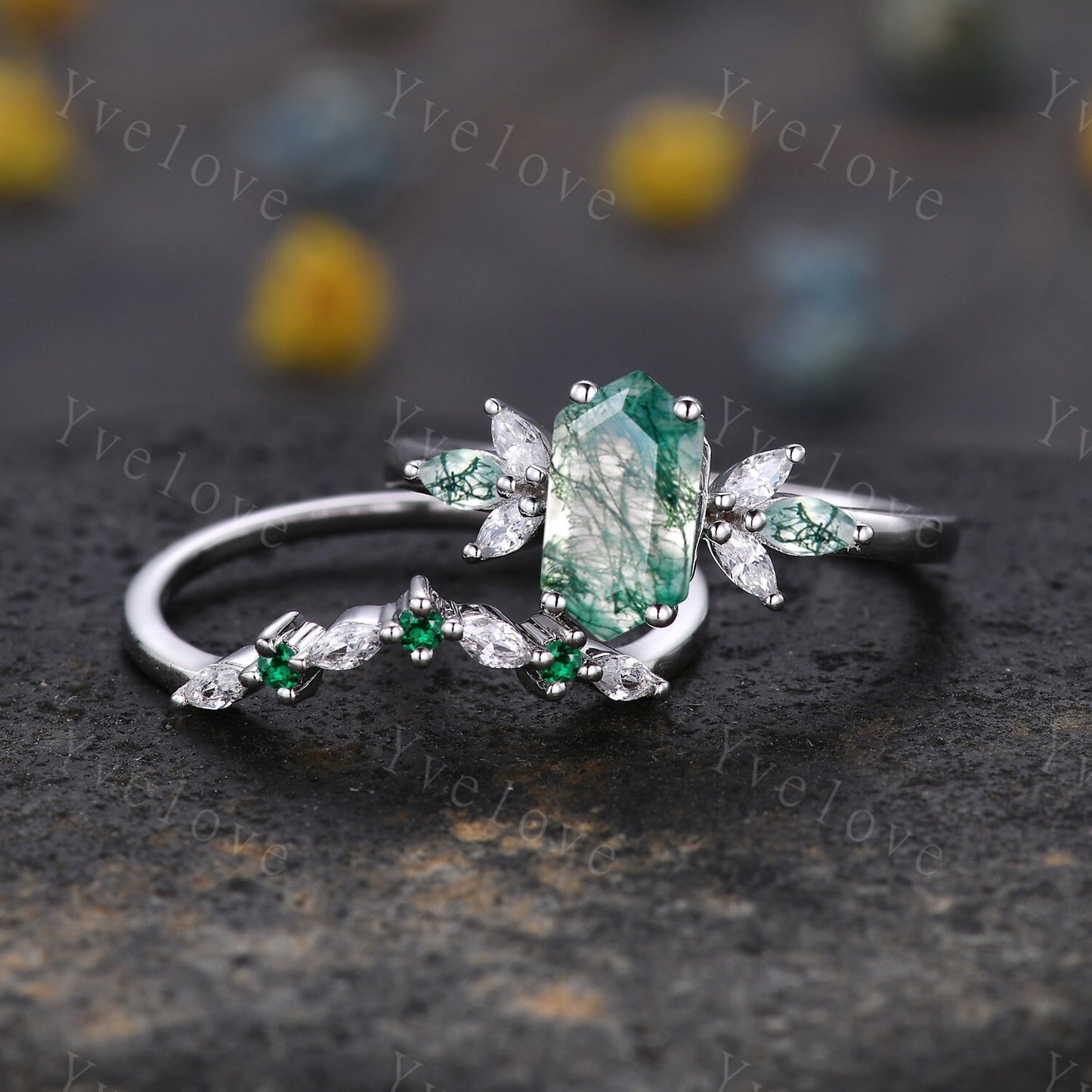 Vintage Hexagon cut Moss Agate Engagement Ring,Unique Bridal Ring Marquise Moissanite Green Agate Wedding Band Promise Ring Gift Silver Ring