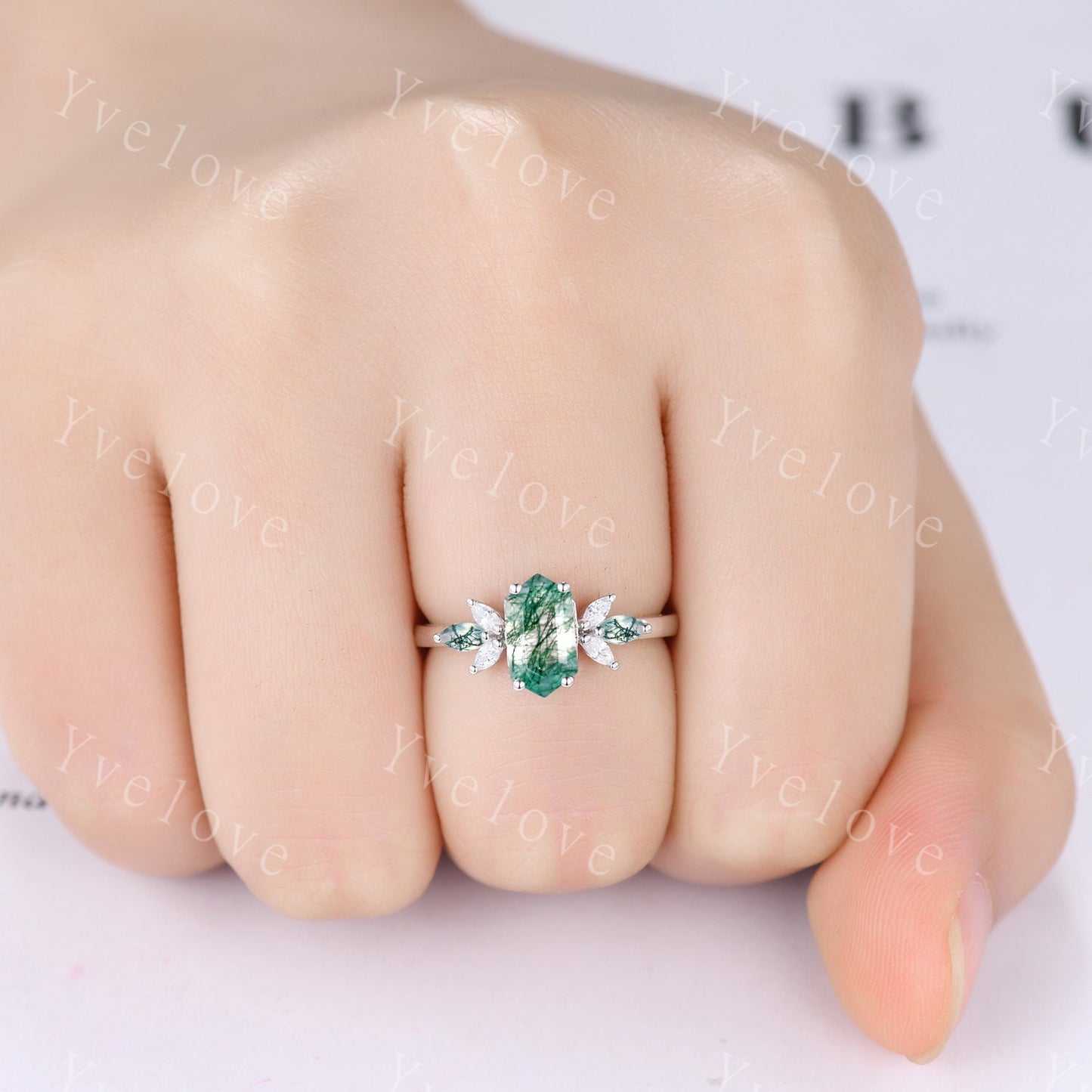 Vintage Hexagon cut Moss Agate Engagement Ring,Unique Bridal Ring Marquise Moissanite Green Agate Wedding Band Promise Ring Gift Silver Ring