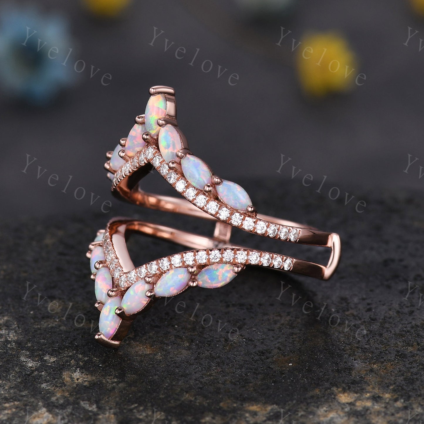 Unique White Opal ring,Opal wedding band,Marquise opal enhancer ring,Curved V stacking matching band,Moissanite ring,White gold ring,Custom