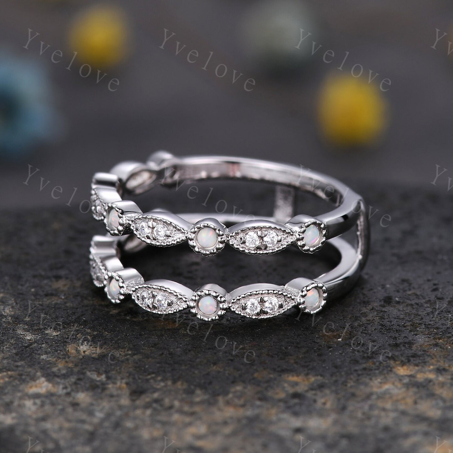 Opal Moissanite ring wrap ring guard enhancer ring art deco opal wedding band milgrain style ring 14k solid gold matching stacking band