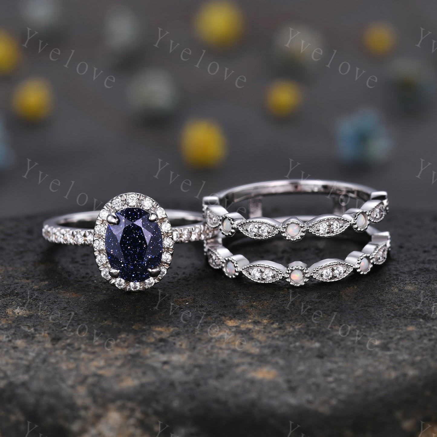 Vintage Oval Sandstone Engagement Ring Set Halo Moissanite Ring Set Art Deco Opal Moissanite ring wrap ring guard enhancer Ring Silver Ring