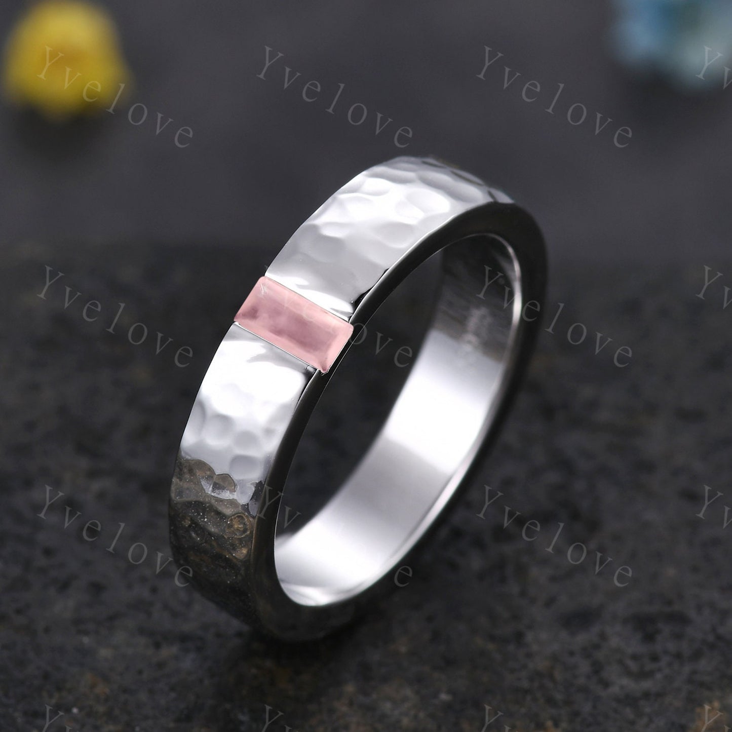 Mens Rose Quartz Wedding Band Baguette Cut Pink Gems Band 5mm Solid Gold Ring Mens Hammered Stacking Matching Band Retro Vintage Ring Gift