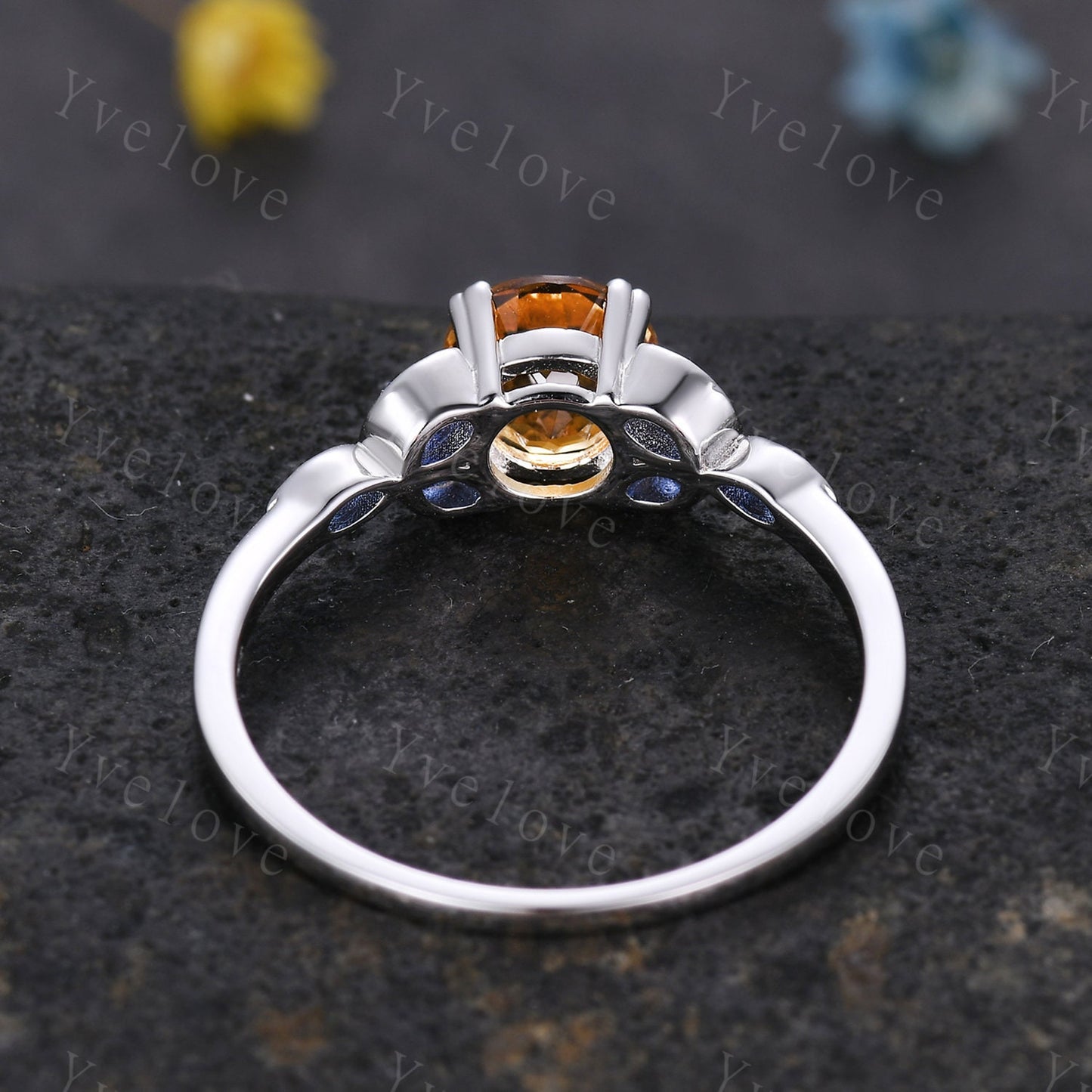 7mm Round Citrine Engagement Ring,Marquise Shaped Blue Sapphire Ring,Solid White Gold Ring,Anniversary Gift For Her,Citrine Promise Ring