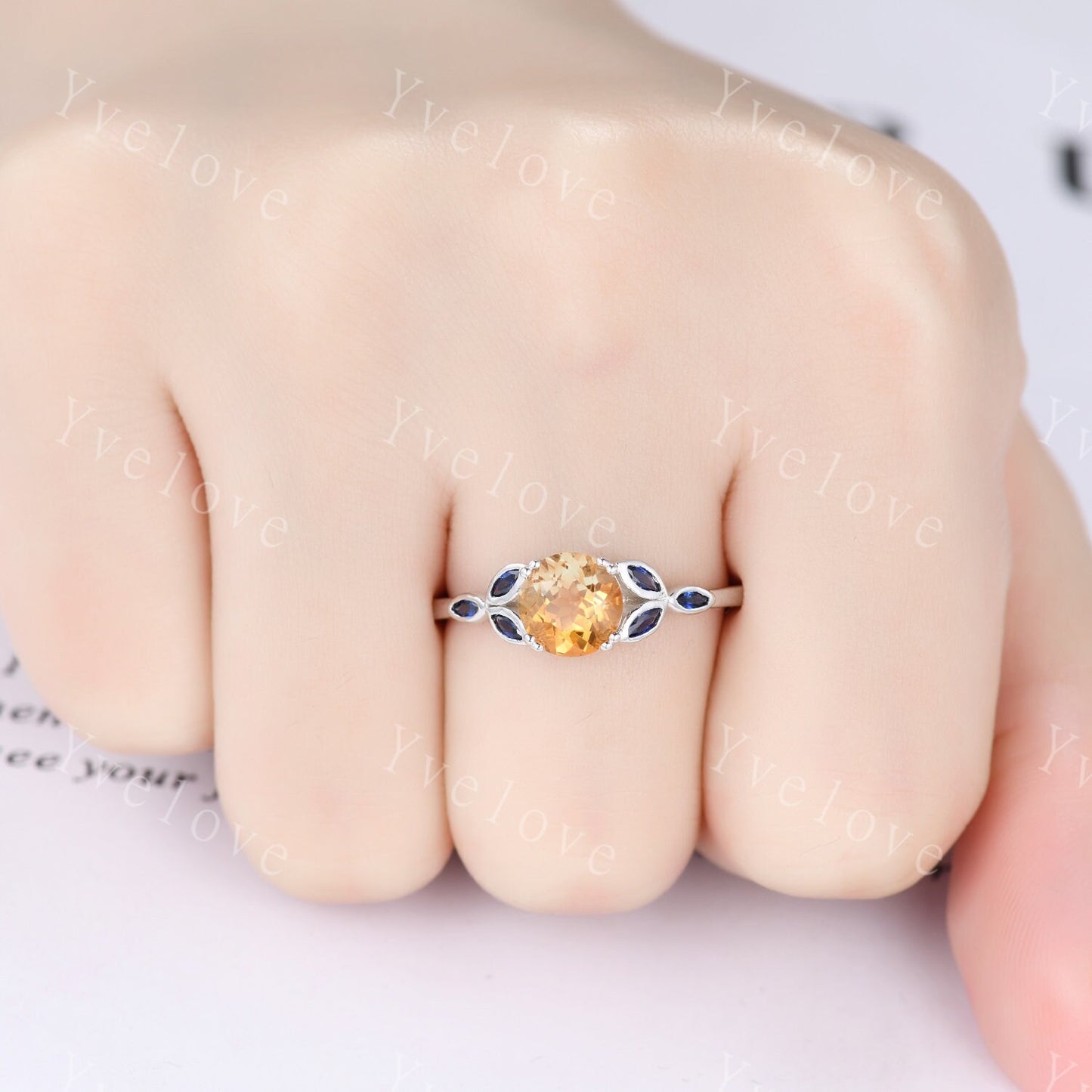 7mm Round Citrine Engagement Ring,Marquise Shaped Blue Sapphire Ring,Solid White Gold Ring,Anniversary Gift For Her,Citrine Promise Ring