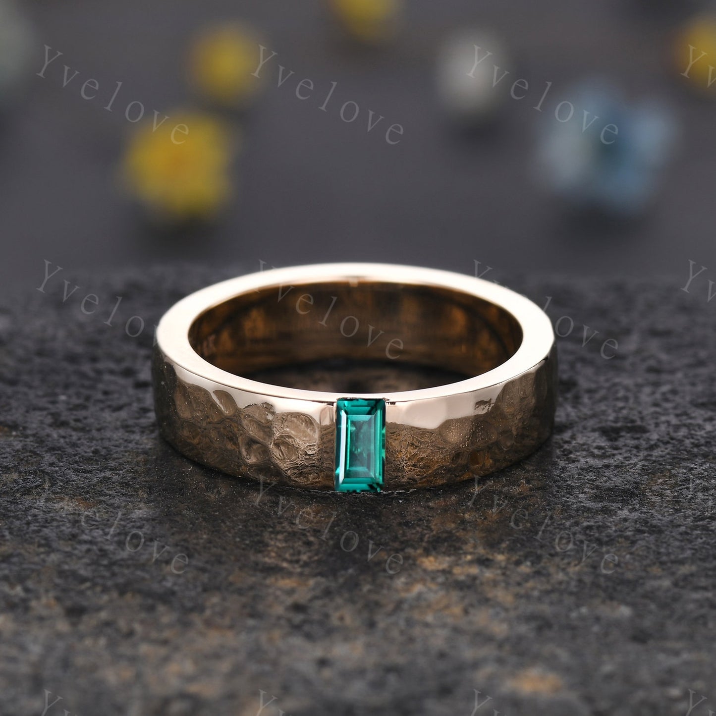 Mens Emerald Wedding Band Baguette Cut Green Emerald Band 5mm Solid White Ring Mens Hammered Stacking Matching Band Retro Vintage Ring Gift