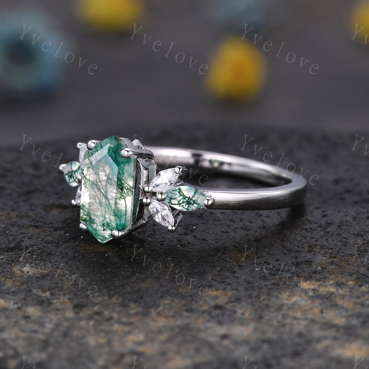 Vintage Hexagon cut Moss Agate Engagement Ring,Unique Bridal Ring Marquise Moissanite Green Agate Wedding Band Promise Ring Gift Silver Ring