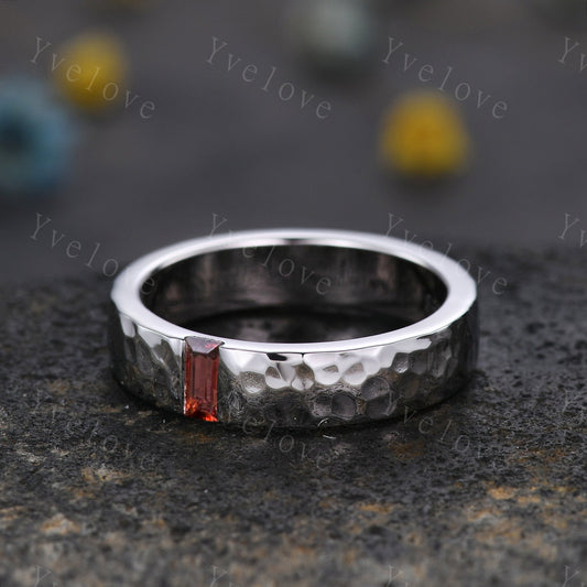 Mens Garnet Wedding Band Baguette Cut Red Garnet Band 5mm Solid White Ring Mens Hammered Stacking Matching Band Retro Vintage Ring Gift