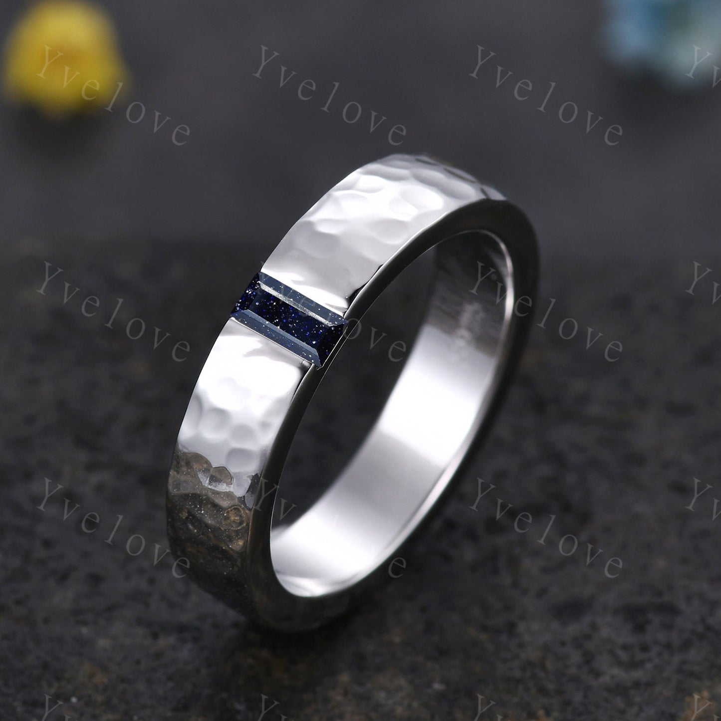 Mens Sandstone Wedding Band Baguette Cut Blue Sandstone Band 5mm Platinum Ring Mens Hammered Stacking Matching Band Retro Vintage Ring Gift
