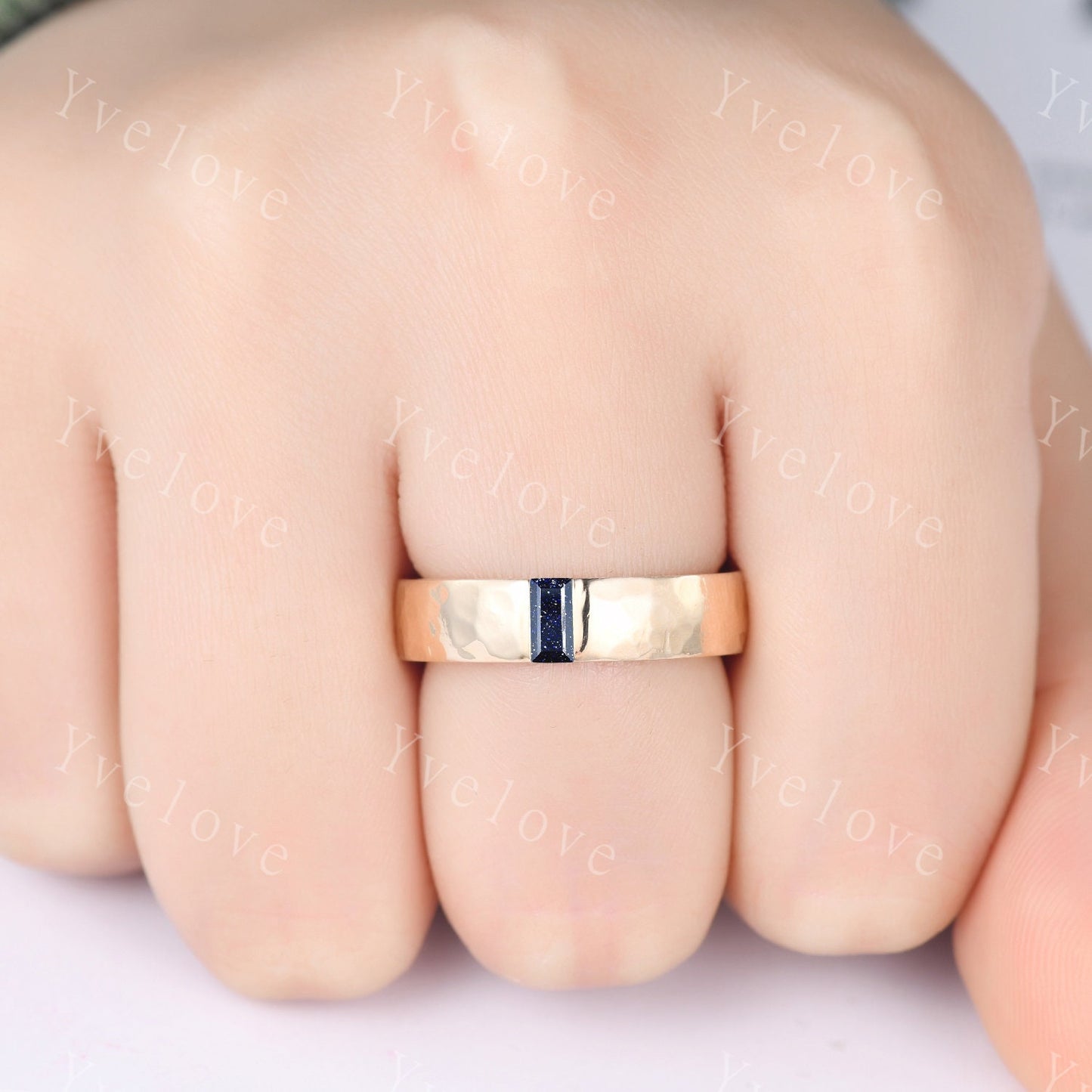 Mens Sandstone Wedding Band Baguette Cut Blue Sandstone Band 5mm Platinum Ring Mens Hammered Stacking Matching Band Retro Vintage Ring Gift