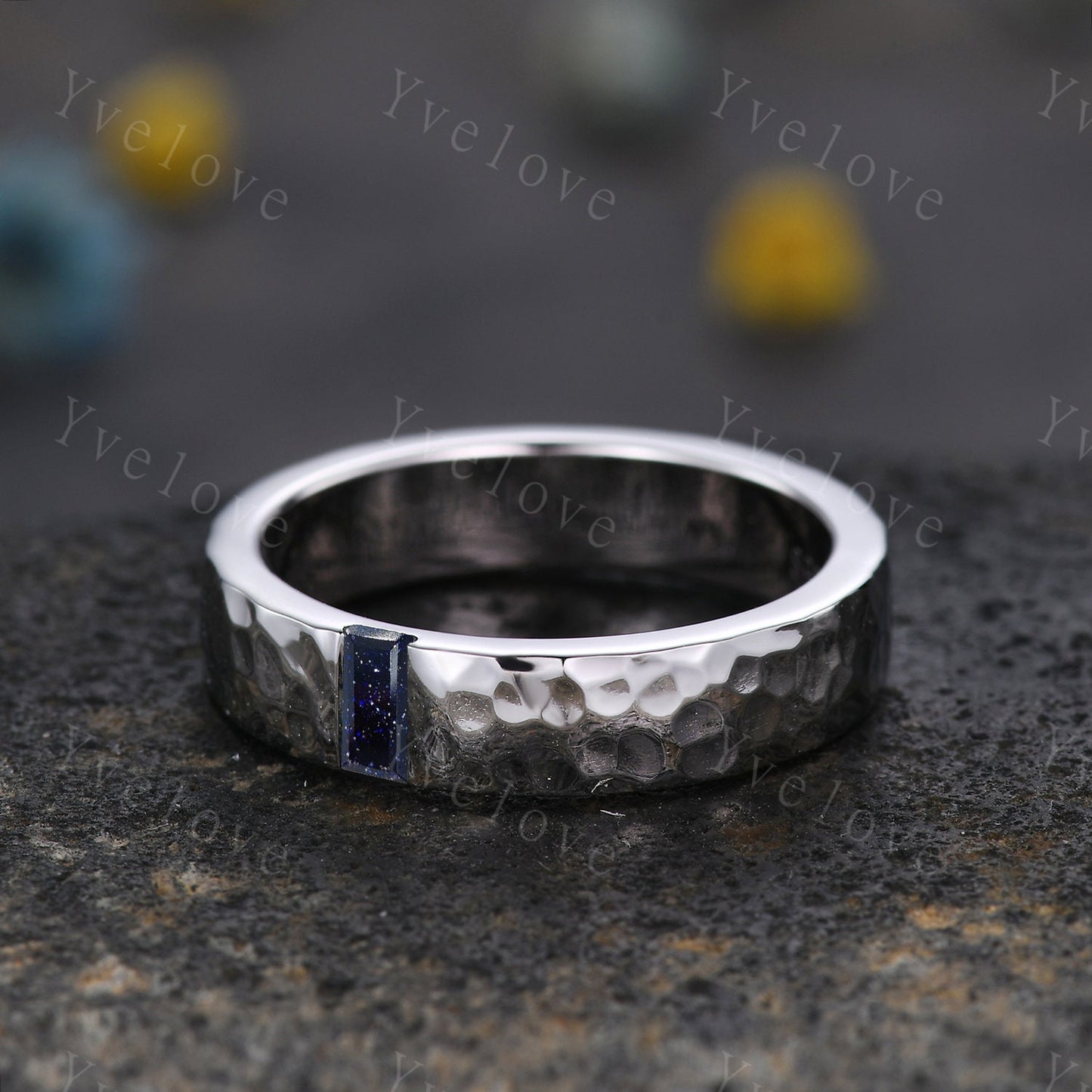Mens Sandstone Wedding Band Baguette Cut Blue Sandstone Band 5mm Rose God Ring Mens Hammered Stacking Matching Band Retro Vintage Ring Gift