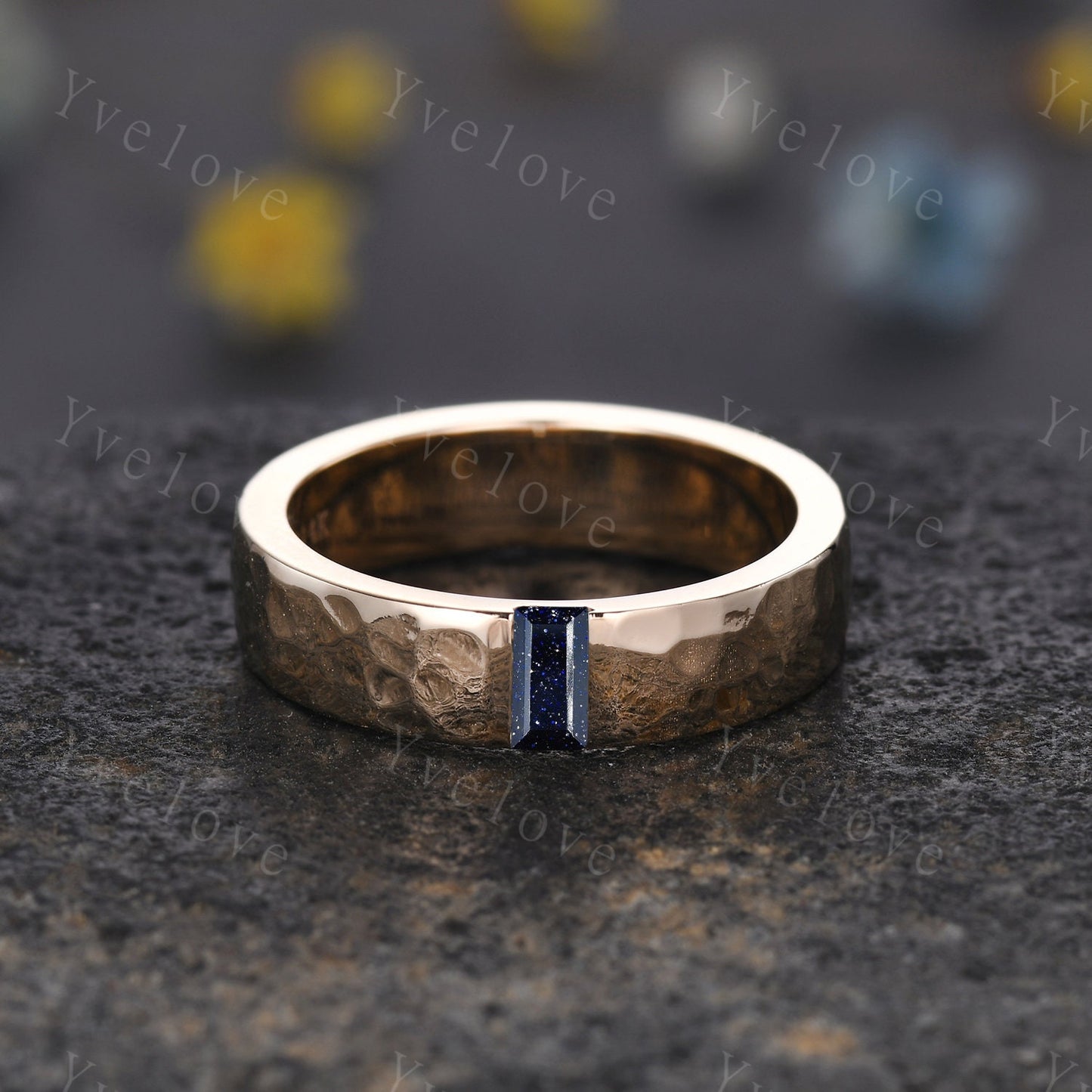 Mens Sandstone Wedding Band Baguette Cut Blue Sandstone Band 5mm Rose God Ring Mens Hammered Stacking Matching Band Retro Vintage Ring Gift