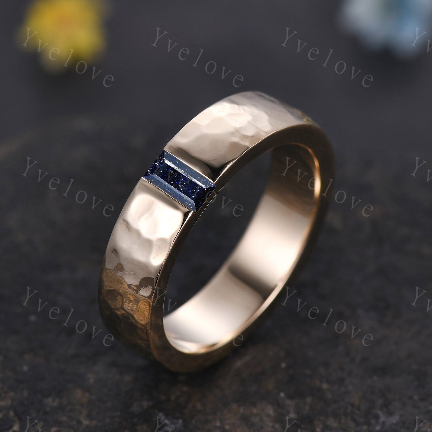 Mens Sandstone Wedding Band Baguette Cut Blue Sandstone Band 5mm Platinum Ring Mens Hammered Stacking Matching Band Retro Vintage Ring Gift