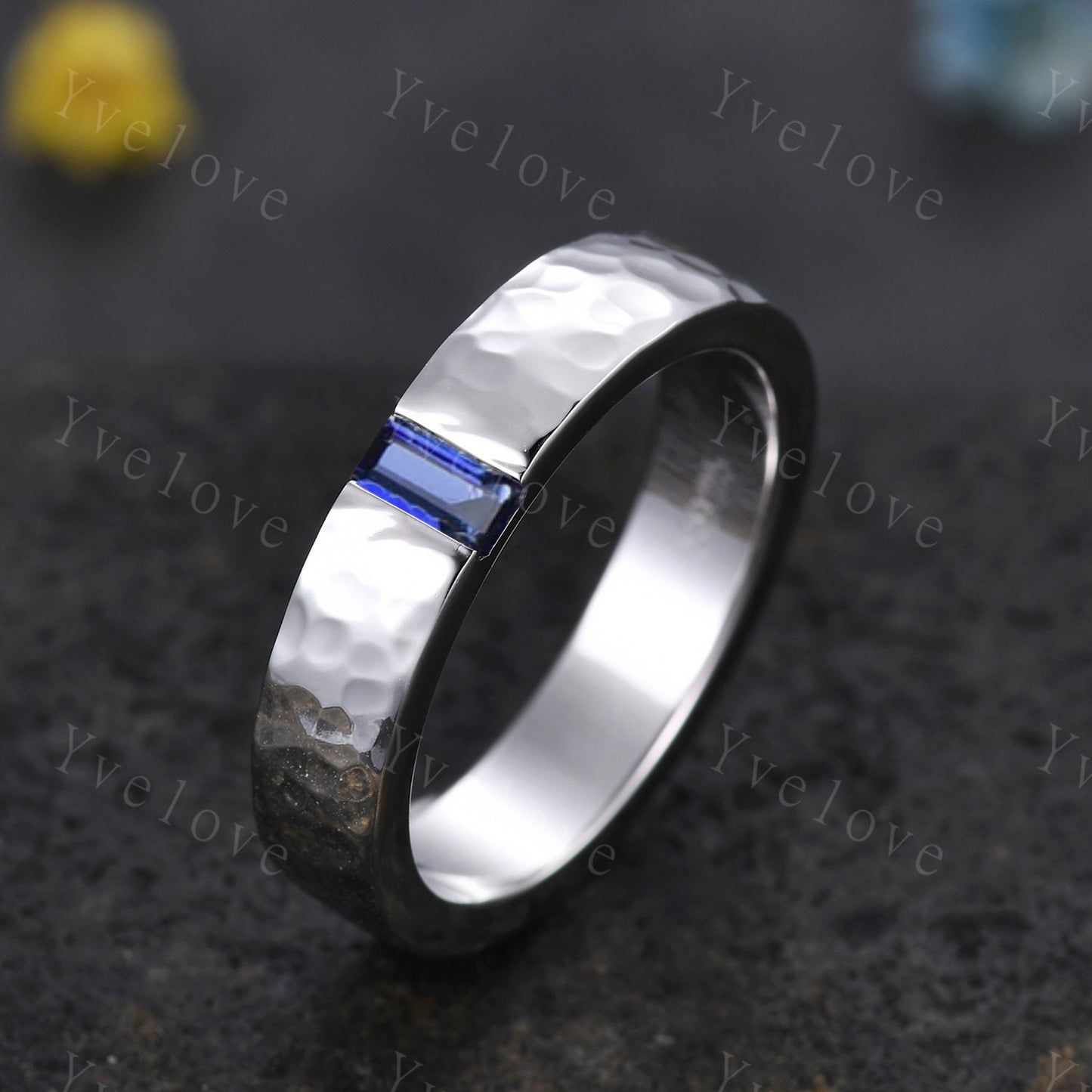 Mens Sapphire Wedding Band Baguette Cut Blue Sapphire Band 5mm Solid White Ring Mens Hammered Stacking Matching Band Retro Vintage Ring Gift