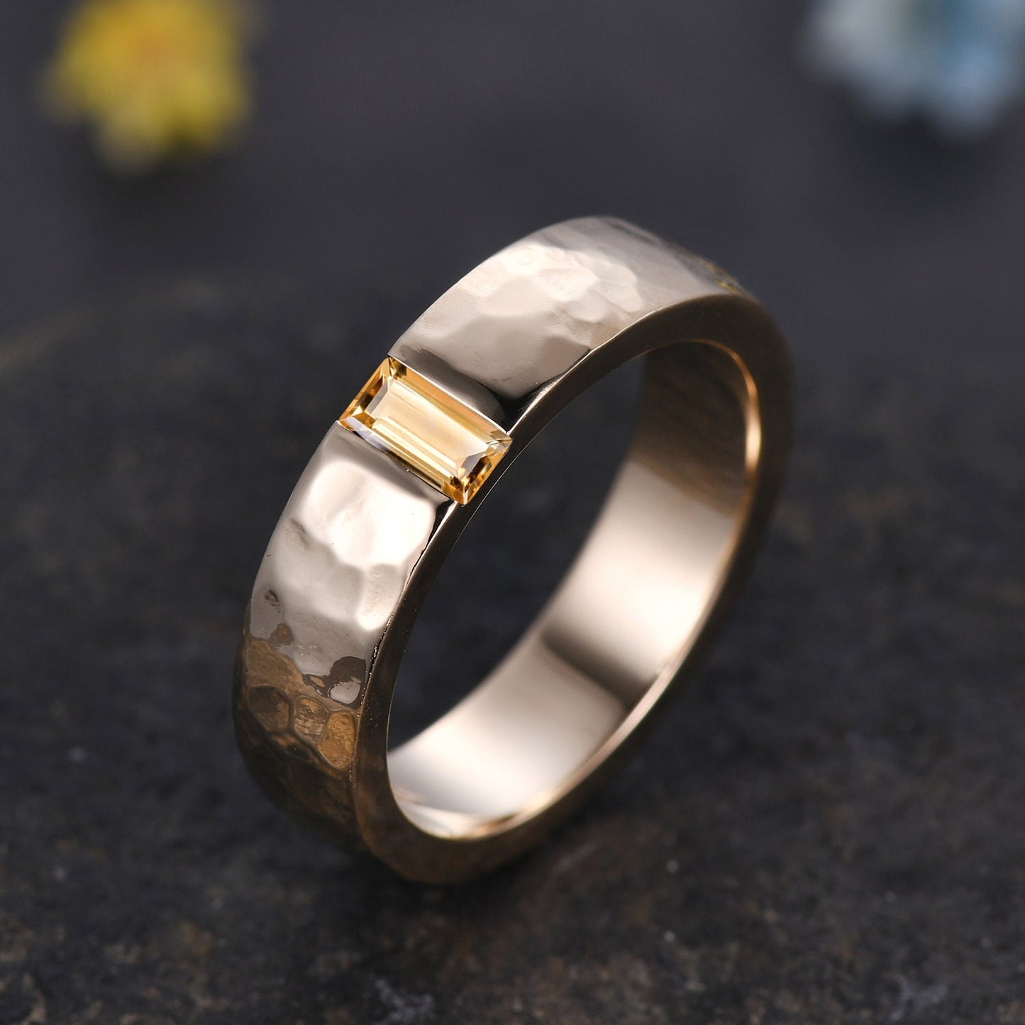 Mens Citrine Wedding Band Baguette Cut Yellow Citrine Band 5mm Solid Gold Ring Mens Hammered Stacking Matching Band Retro Vintage Ring Gift
