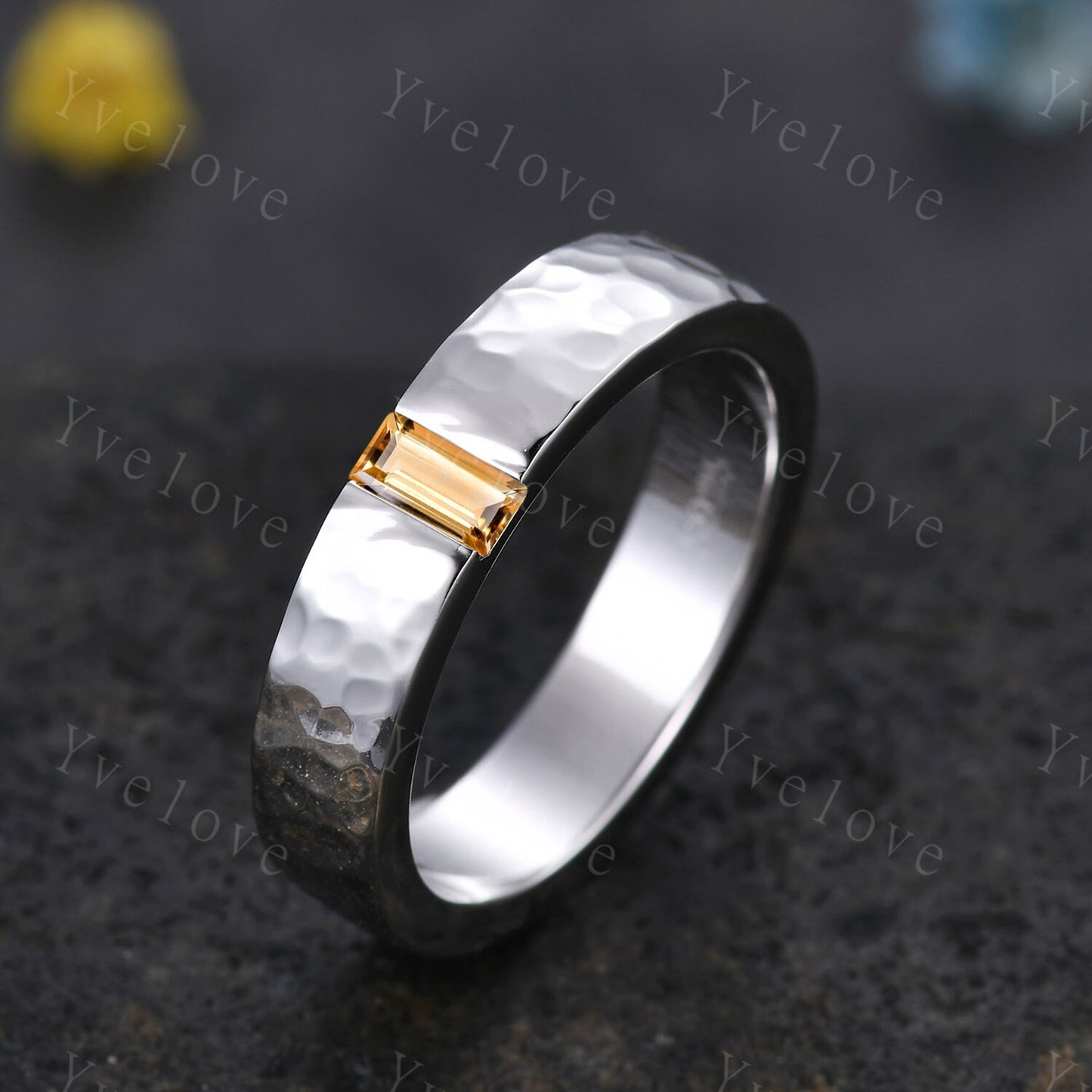 Mens Citrine Wedding Band Baguette Cut Yellow Citrine Band 5mm Solid Gold Ring Mens Hammered Stacking Matching Band Retro Vintage Ring Gift