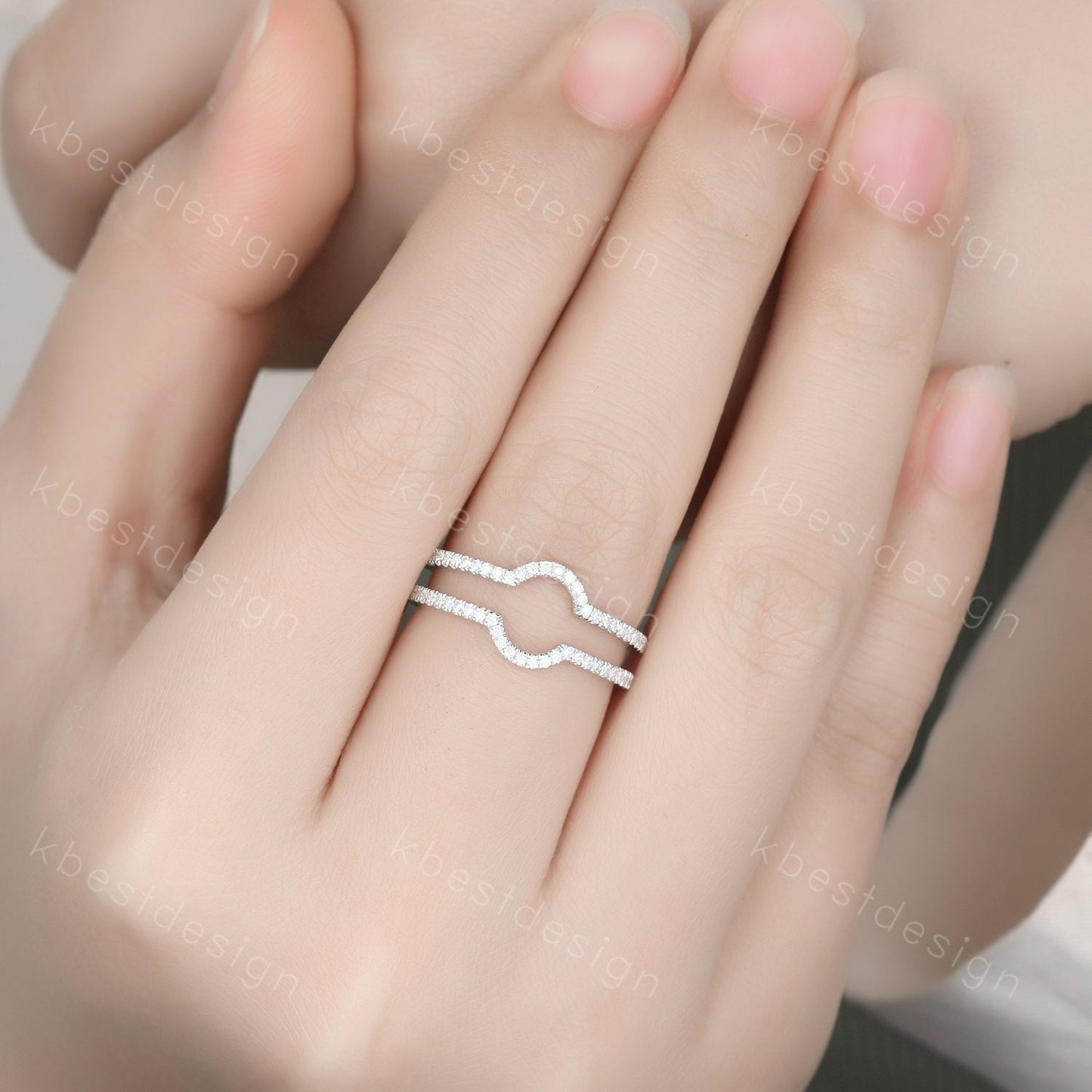 Dainty curved Moissanite wedding band White gold double curve stacking band half eternity enhancer matching band Unique bridal promise gift