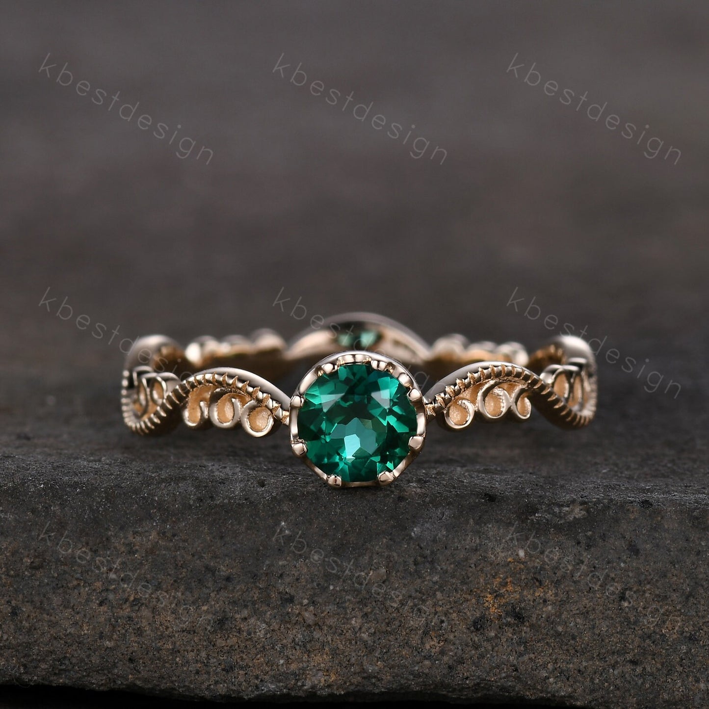 Antique emerald engagement ring 5mm round cut green emerald ring art deco filigree ring unique design bridal promise ring May birthstone