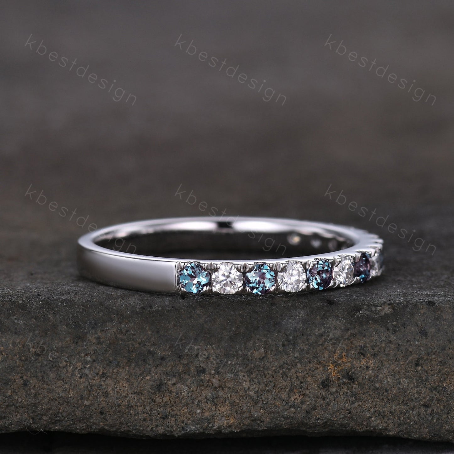 2mm Moissanite Alexandrite Wedding Band Half Eternity Stacking Band Colorless Moissanite Ring Women Matching Band Promise Anniversary Ring