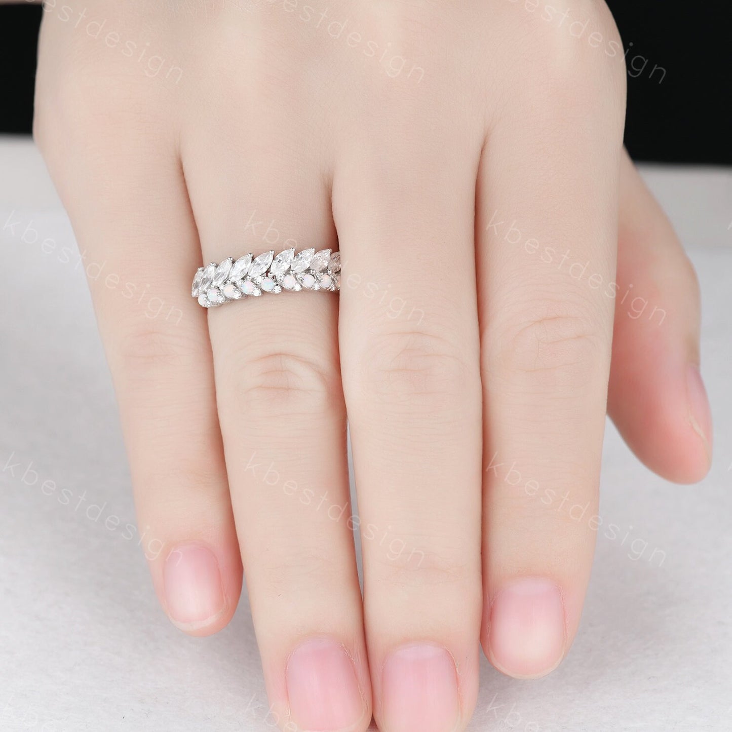 Marquise cut Moissanite Wedding Band Half Eternity Stacking Band Unique Opal Wedding Ring Women Matching Band Promise Anniversary Ring