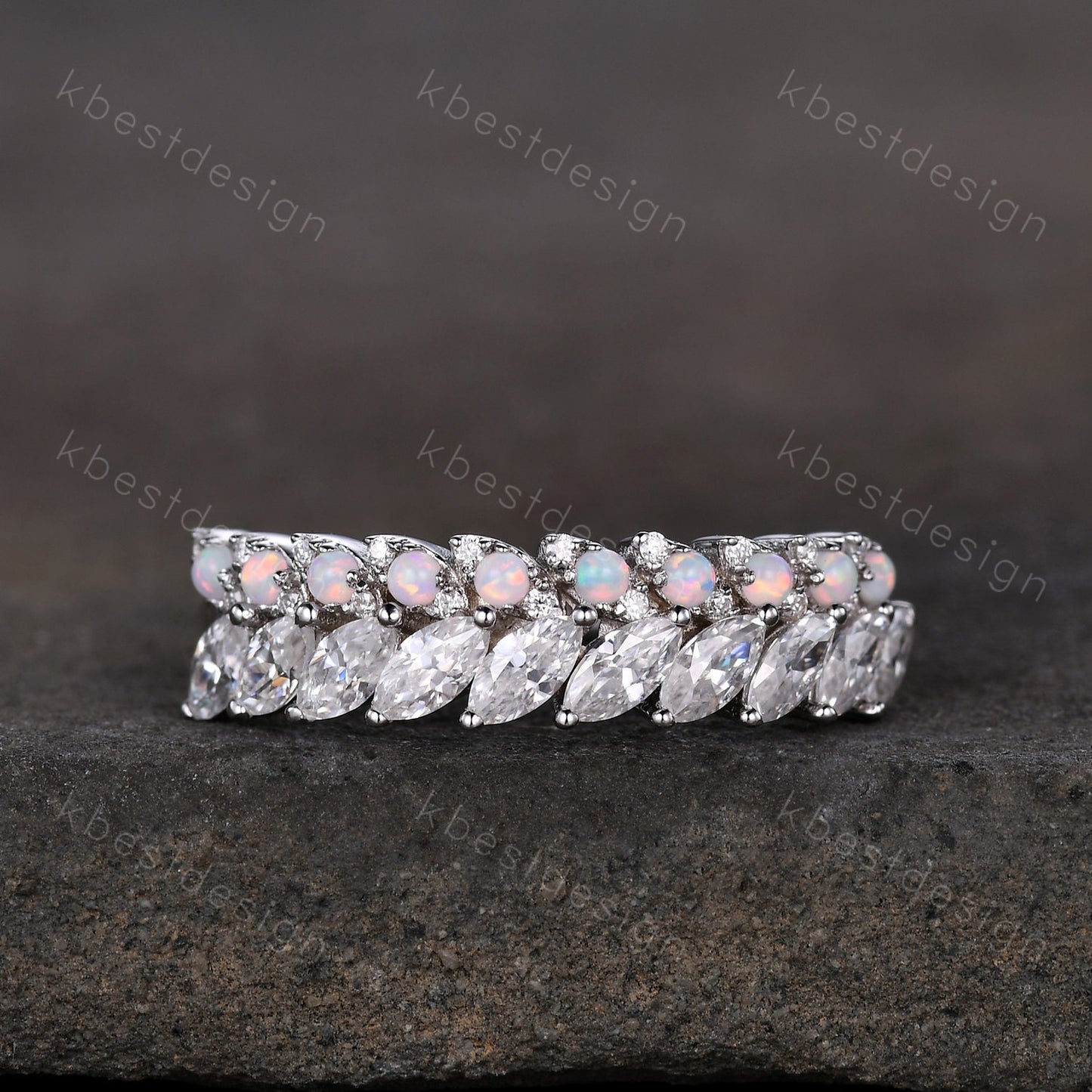 Marquise cut Moissanite Wedding Band Half Eternity Stacking Band Unique Opal Wedding Ring Women Matching Band Promise Anniversary Ring
