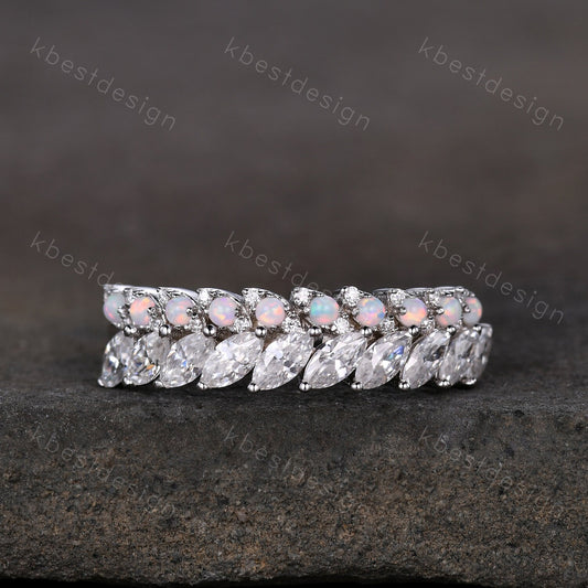 Marquise cut Moissanite Wedding Band Half Eternity Stacking Band Unique Opal Wedding Ring Women Matching Band Promise Anniversary Ring