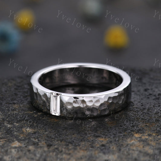Mens Moissanite Wedding Band Baguette Cut Moissanite Band 5mm Solid Gold Ring Mens Hammered Stacking Matching Band Retro Vintage Ring Gift