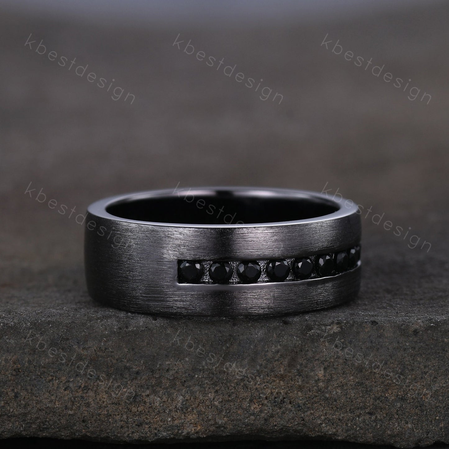 Mens Wedding Band, Black Gold Ring, Mens Wedding Ring, Black Spinel Ring, Mens Engagement Ring, Engraved Ring, Unique Wedding Band Mens Ring