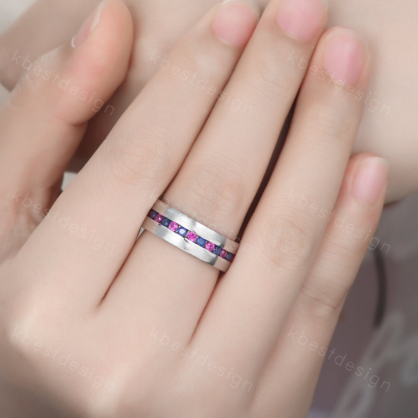 Mens Wedding Ring, Mens Blue Sapphire Wedding Band, 8mm Band, Brushed Finish Band, Mens Ruby Wedding Ring, Mens Ring, Personalized Ring