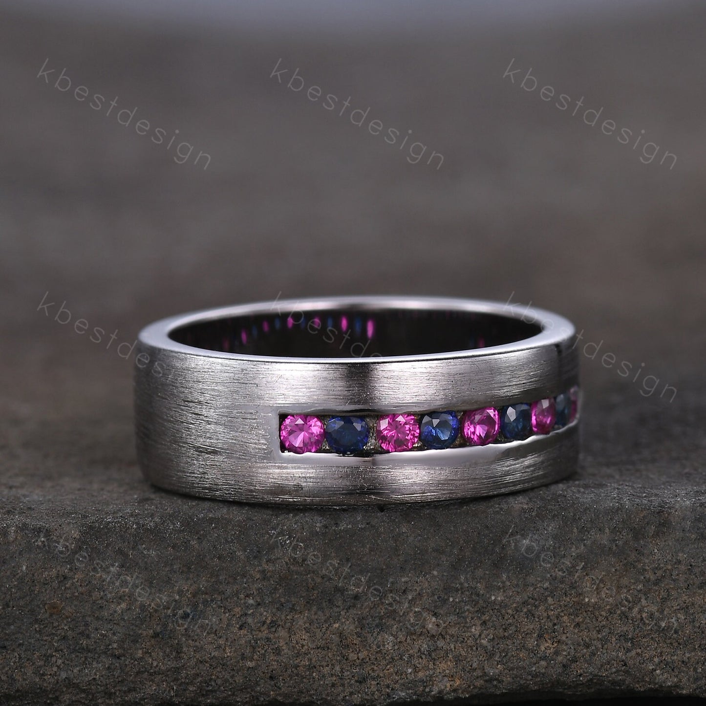 Mens Wedding Ring, Mens Blue Sapphire Wedding Band, 8mm Band, Brushed Finish Band, Mens Ruby Wedding Ring, Mens Ring, Personalized Ring