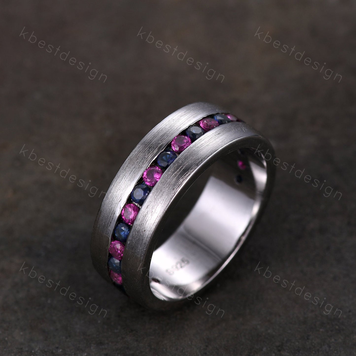 Mens Wedding Ring, Mens Blue Sapphire Wedding Band, 8mm Band, Brushed Finish Band, Mens Ruby Wedding Ring, Mens Ring, Personalized Ring