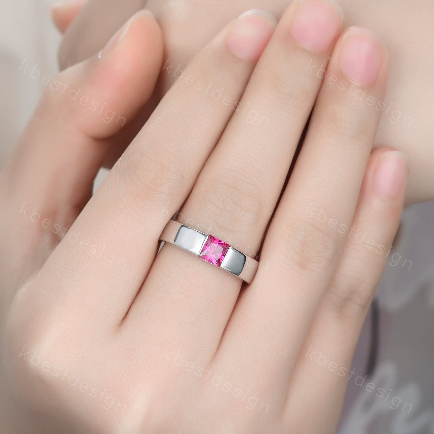 Mens Wedding Band | Princess Cut Ruby Band | 5mm Solid Rose/White/Yellow Gold Ring | Mens Solitaire Princess Cut July Birthstone Ring