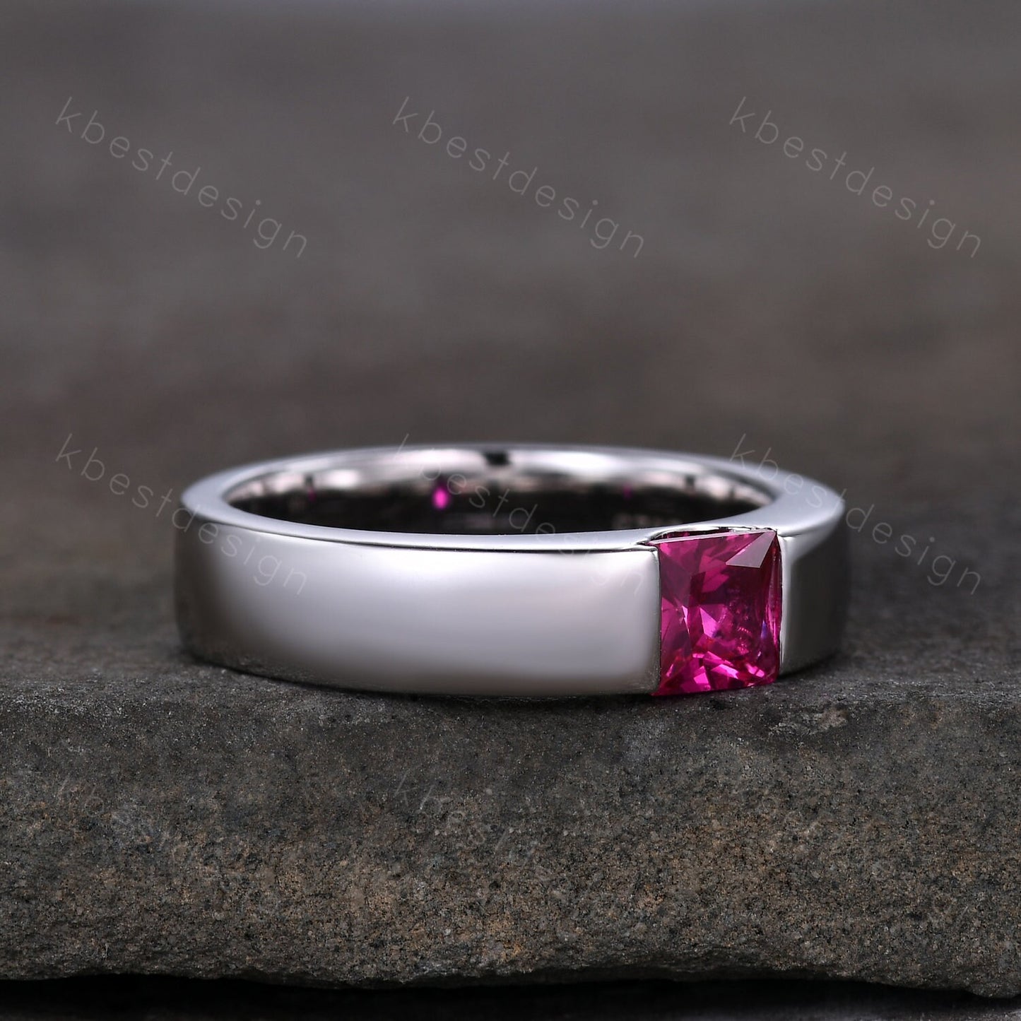 Mens Wedding Band | Princess Cut Ruby Band | 5mm Solid Rose/White/Yellow Gold Ring | Mens Solitaire Princess Cut July Birthstone Ring