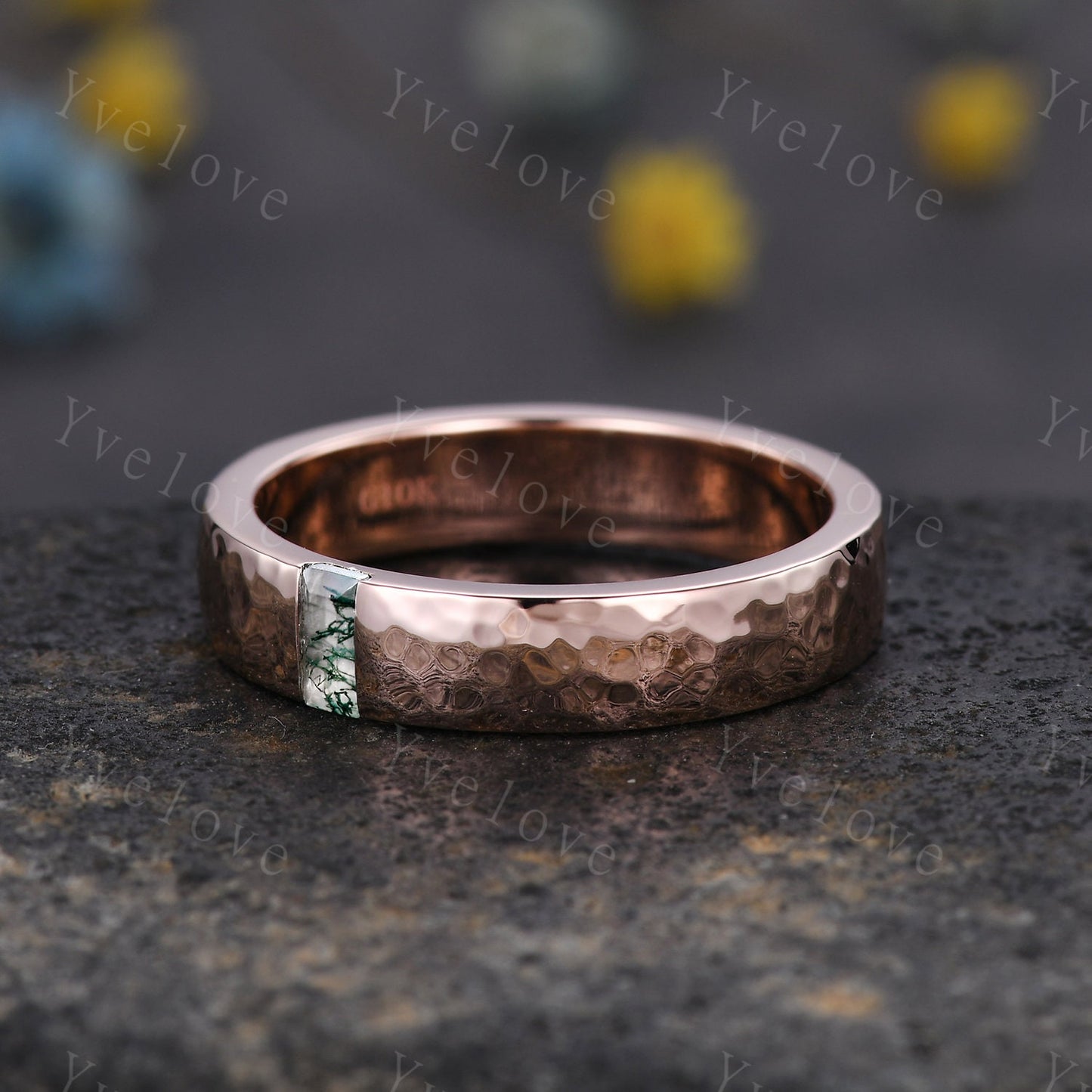 Mens Moss agate Wedding Band Baguette Cut Green Agate Band 5mm Solid Gold Ring Mens Hammered Stacking Matching Band Retro Vintage Ring Gift