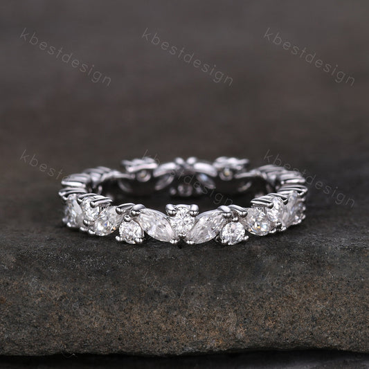 Unique Moissanite wedding band women Marquise cut eternity band White gold wedding band vintage Stacking Matching bridal ring promise ring