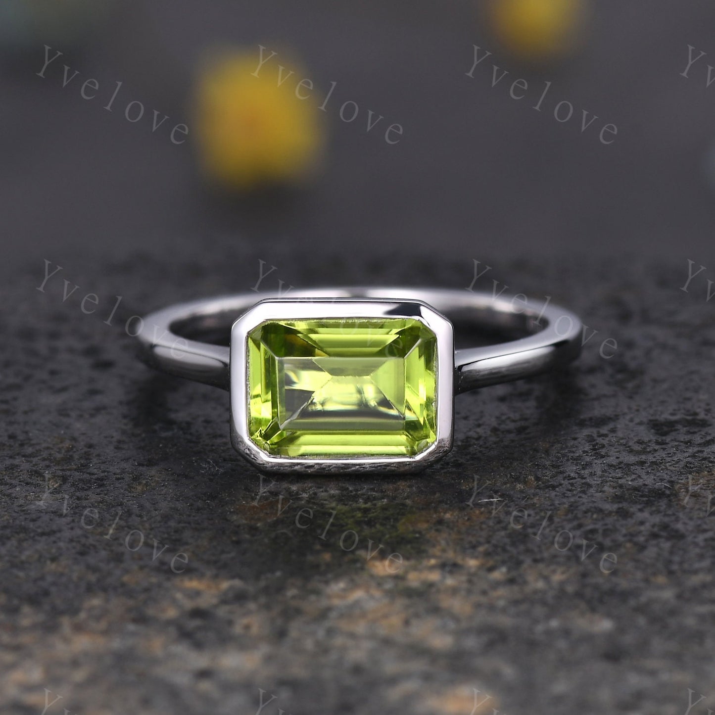 Emerald Cut Peridot Engagement Ring,East To West Ring,Solitaire Ring,Bezel Set Ring,Bridal Wedding Ring,Solid Gold,Thin band Women Ring Gift