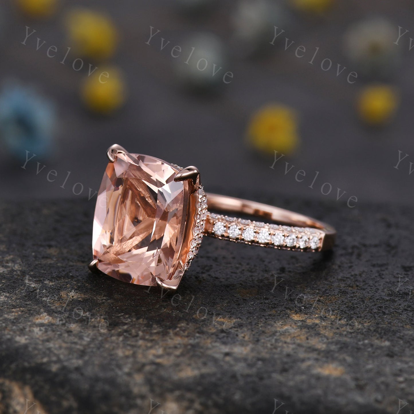 Special listing for Betsy, change the main stone to 9x11mm cushion morganite, 18k white gold, moissanites as the side stones. size 5.