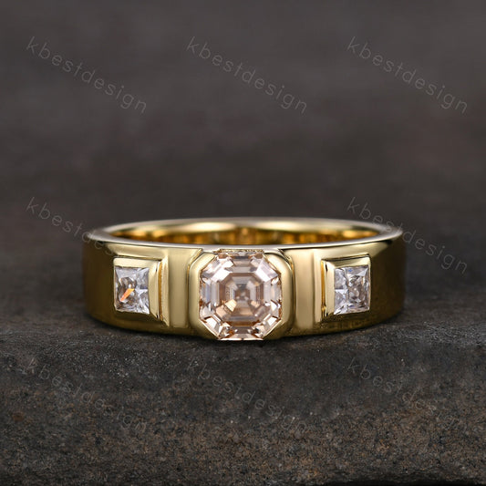 Mens Asscher Cut Champagne Moissanite Ring, 14K Yellow Gold Asscher Cut Ring, Three Stone Moissanite Engagement Ring, Bezel set Mens Band