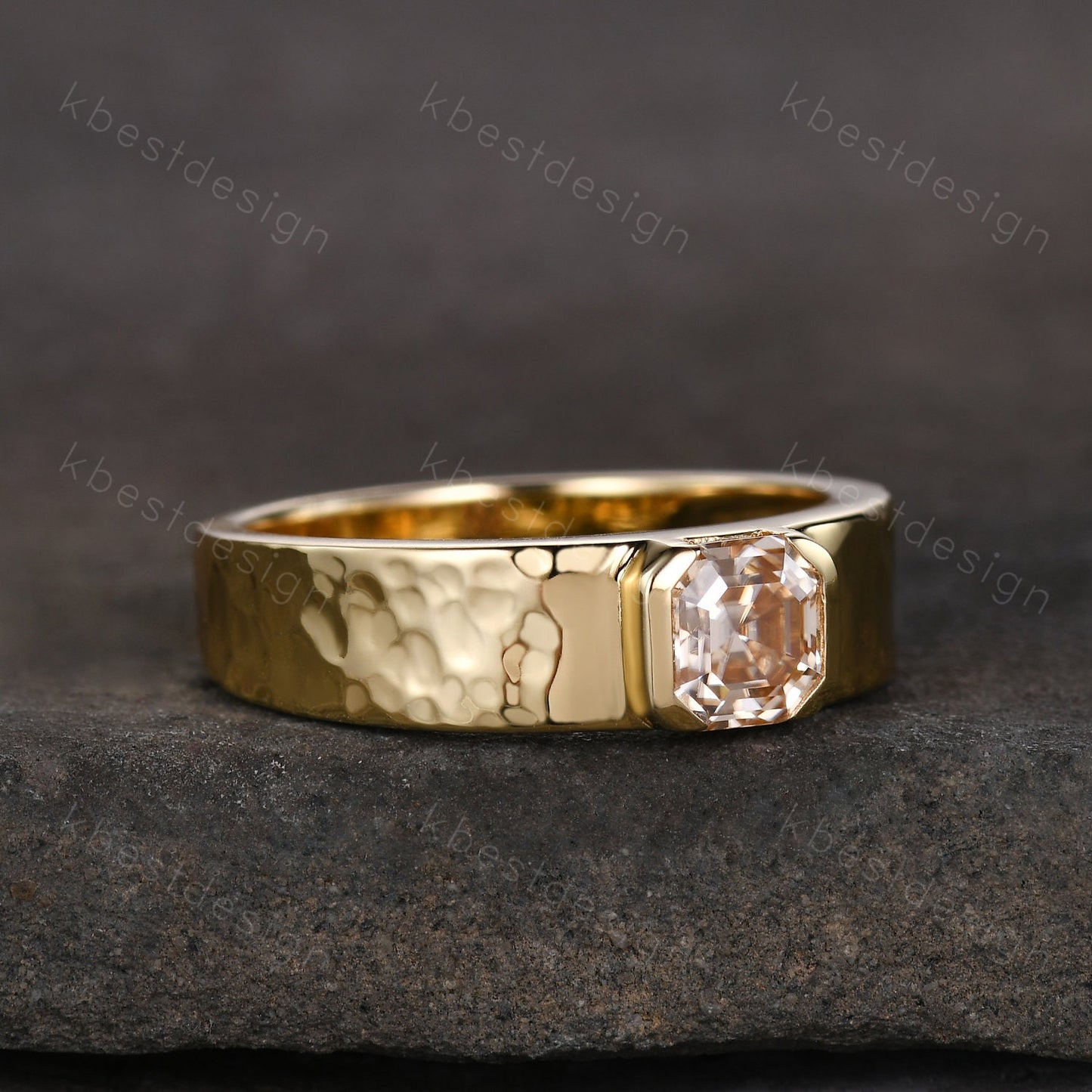 Mens Champagne Moissanite Wedding Band, Asscher Cut Moissanite Mens Wedding Band, Solid Gold 10k/14k/18k Wedding Ring, Mens Hammered Ring