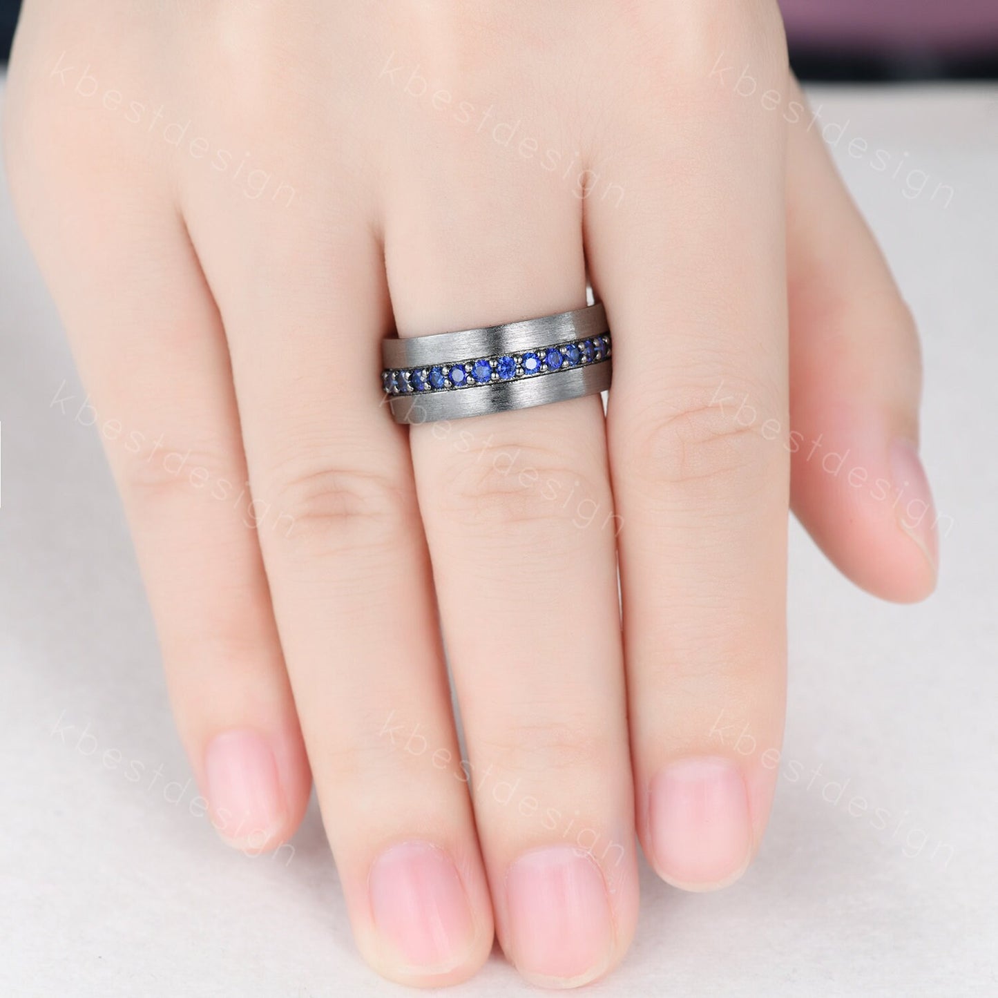Mens Blue Sapphire Wedding Band in Black Gold, 8mm Comfort Fit Sapphire Wedding Band, September Birthstone, Anniversary Gift for Him