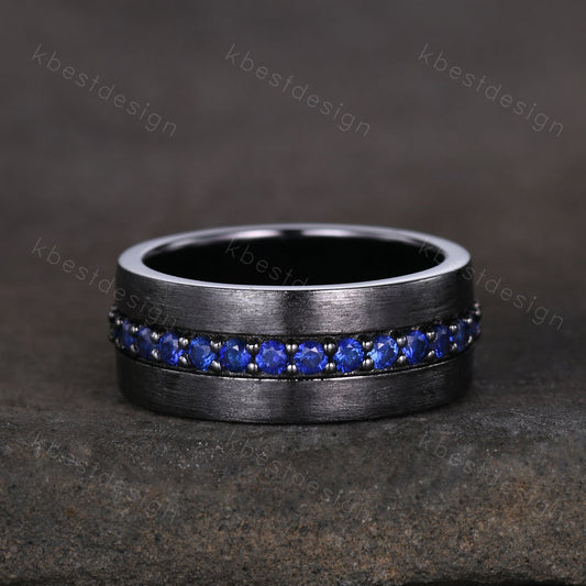 Mens Blue Sapphire Wedding Band in Black Gold, 8mm Comfort Fit Sapphire Wedding Band, September Birthstone, Anniversary Gift for Him
