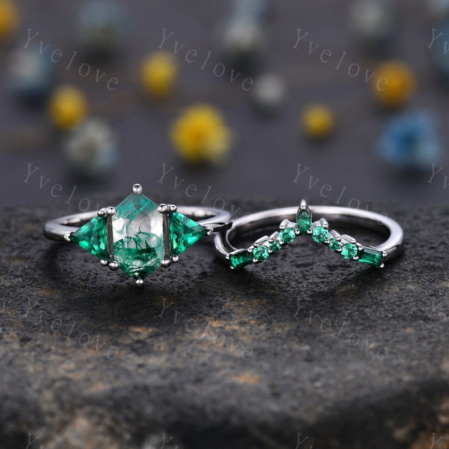 Hexagon shaped Moss Agate Engagement Ring,Silver Ring Set,Unique Emerald Matching Stack Ring,Green Gem Promise Ring,Anniversary Ring Gift