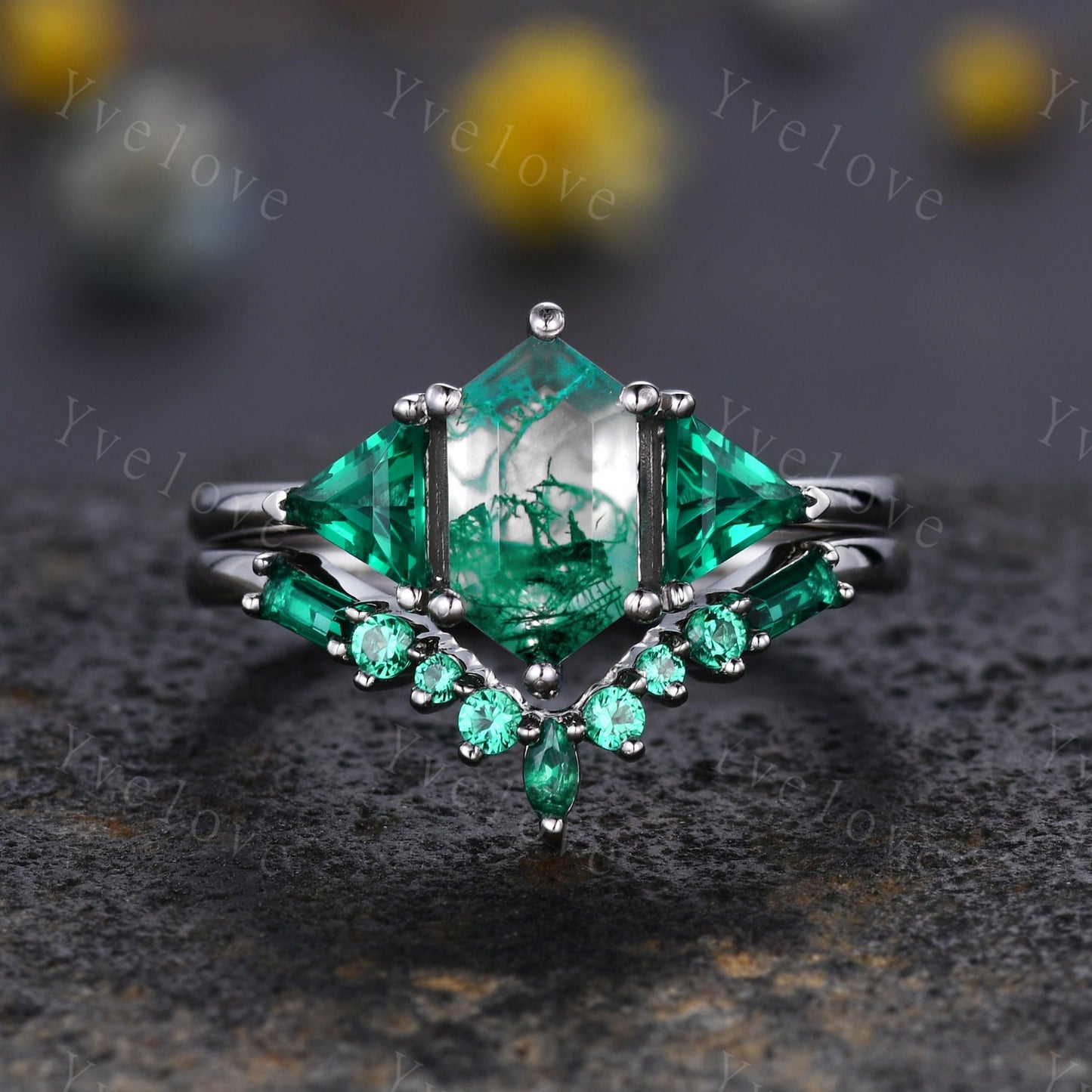 Hexagon shaped Moss Agate Engagement Ring,Silver Ring Set,Unique Emerald Matching Stack Ring,Green Gem Promise Ring,Anniversary Ring Gift